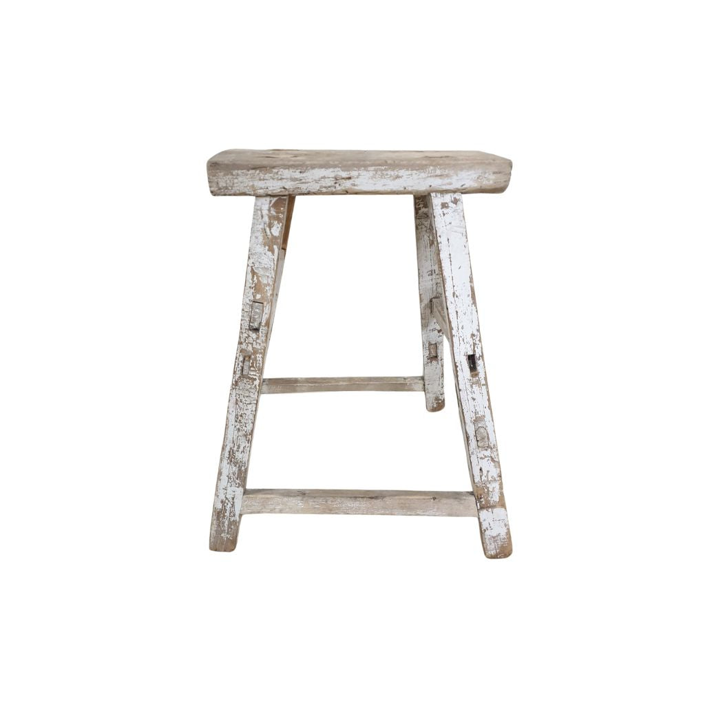 Antique Rustic White Wooden Stool