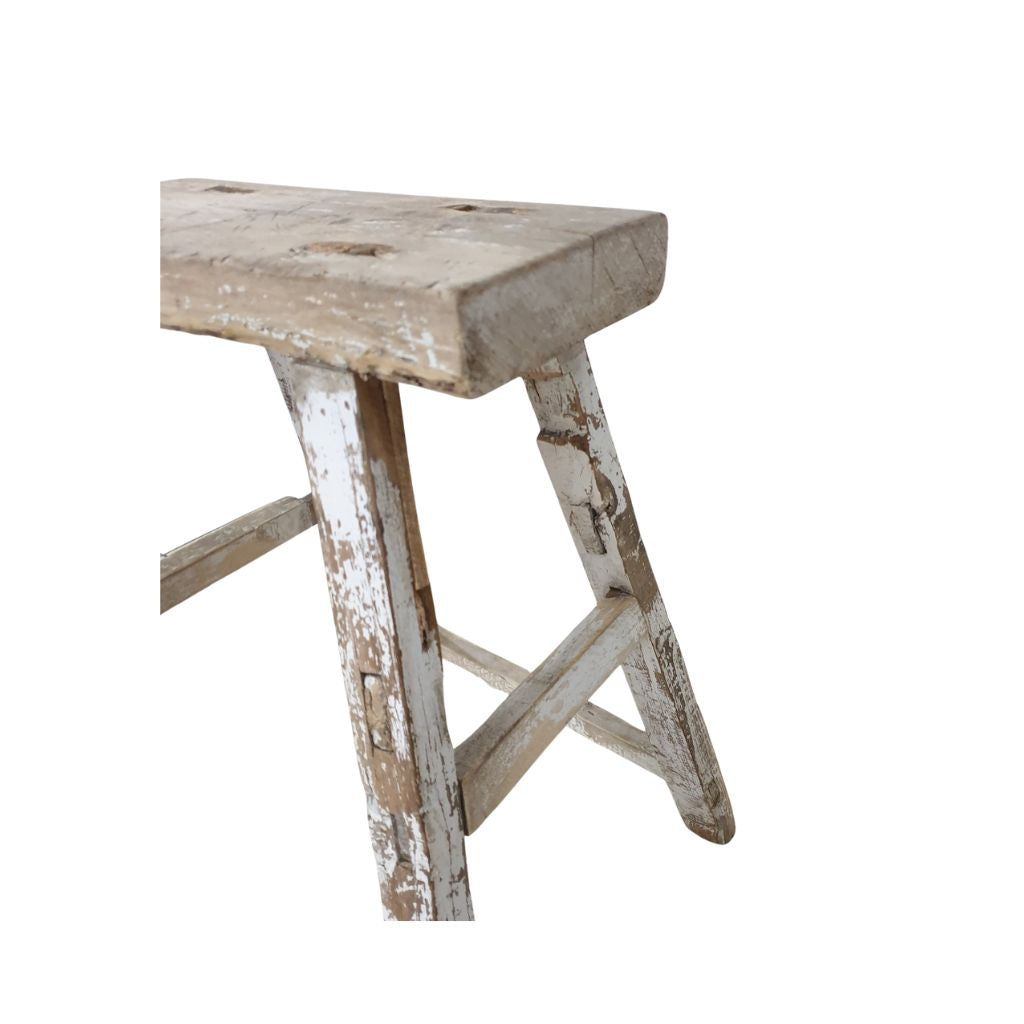 Antique Rustic White Wooden Stool