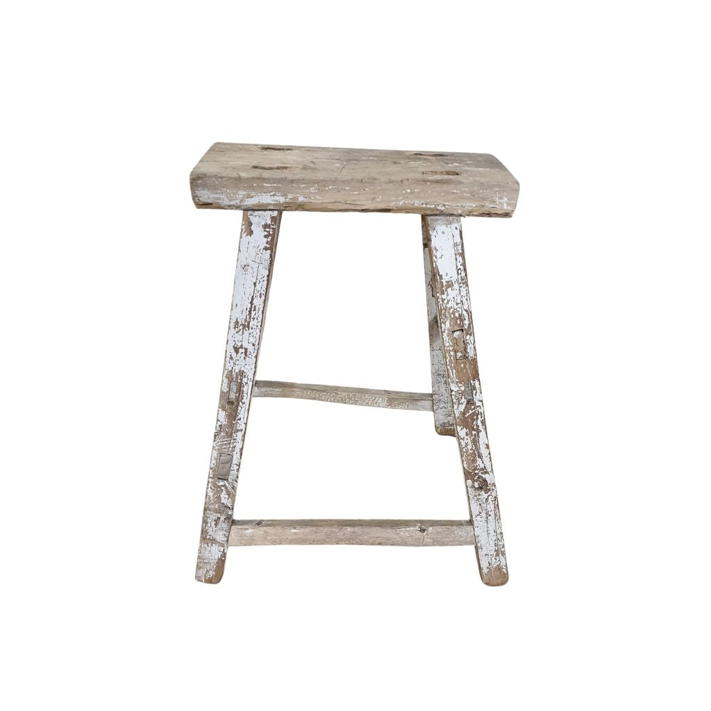 Antique Rustic White Wooden Stool