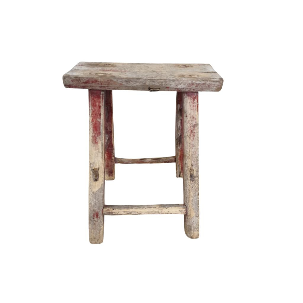 Antique Rustic Red Wooden Stool