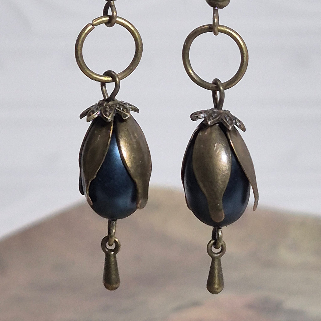 Navy Tulip earring close up