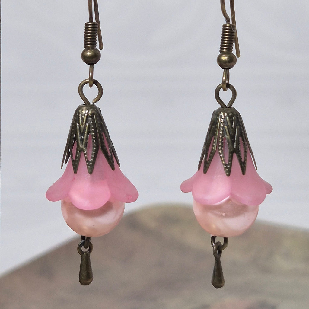 Pink Bluebell earring close up
