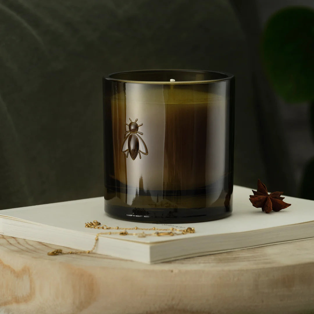 Candle with a bee design on a book against a dark background