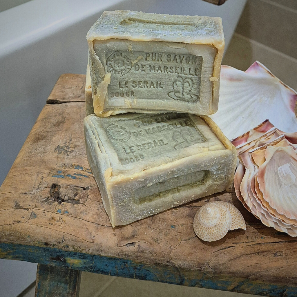 Le Serail Marseille Soap on wooden stool with shells