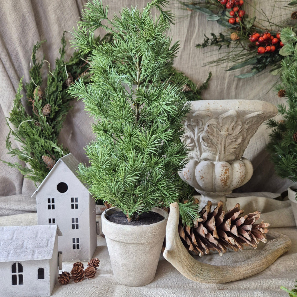 Decorative arrangement with greenery, pinecones, and a small house model on a textured surface.