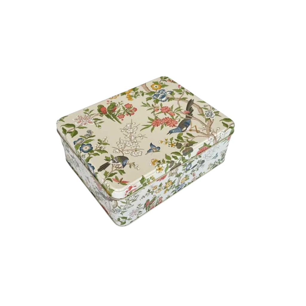 Rectangular box with floral and bird pattern on a white background