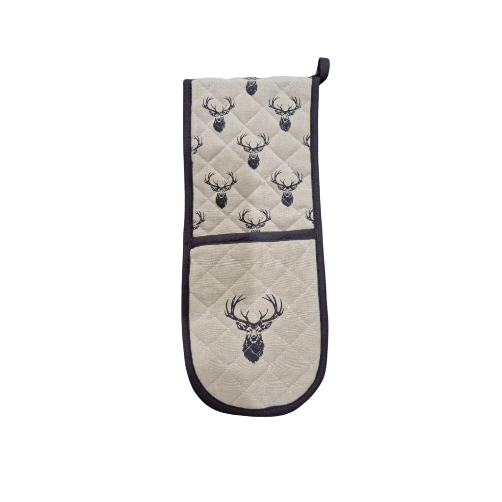 Quilted oven mitt with deer head pattern on a white background