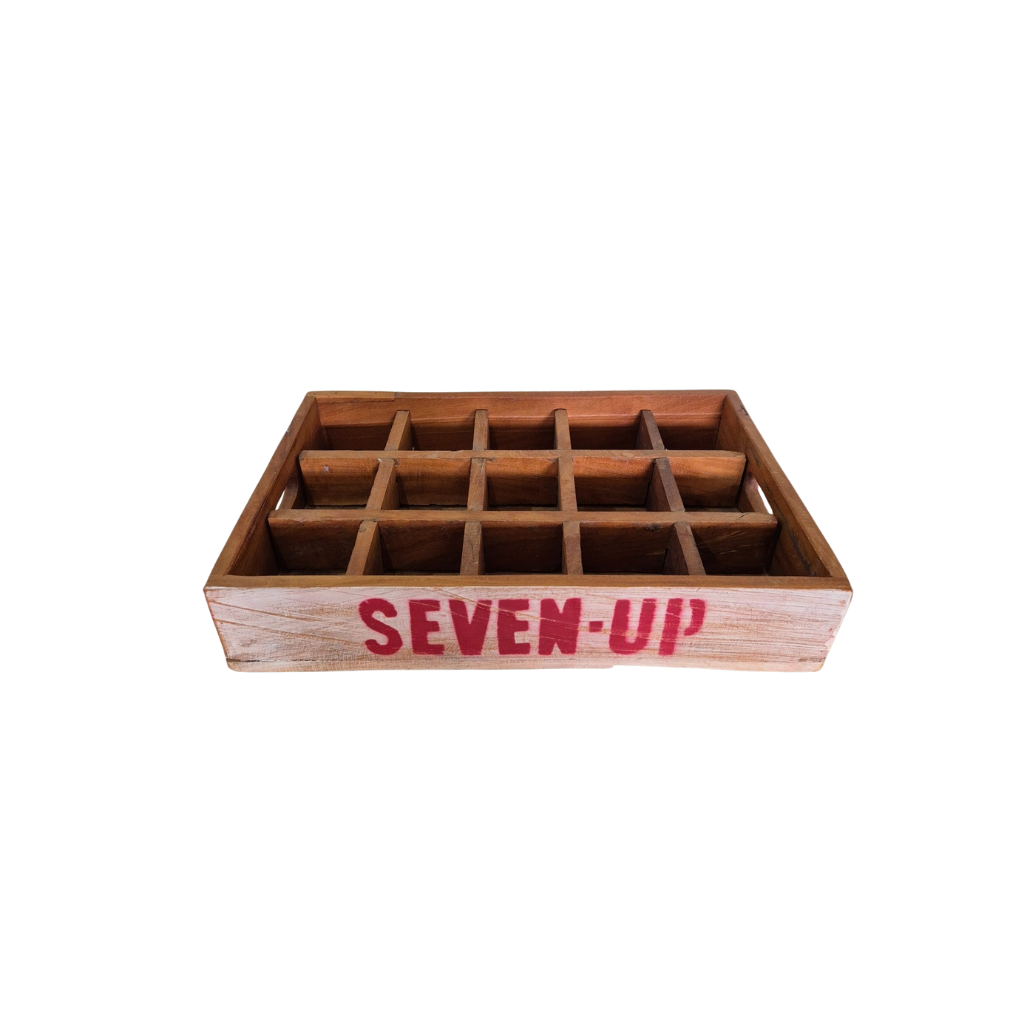 Wooden drink tray set with 'Seven-Up' branding on a white background