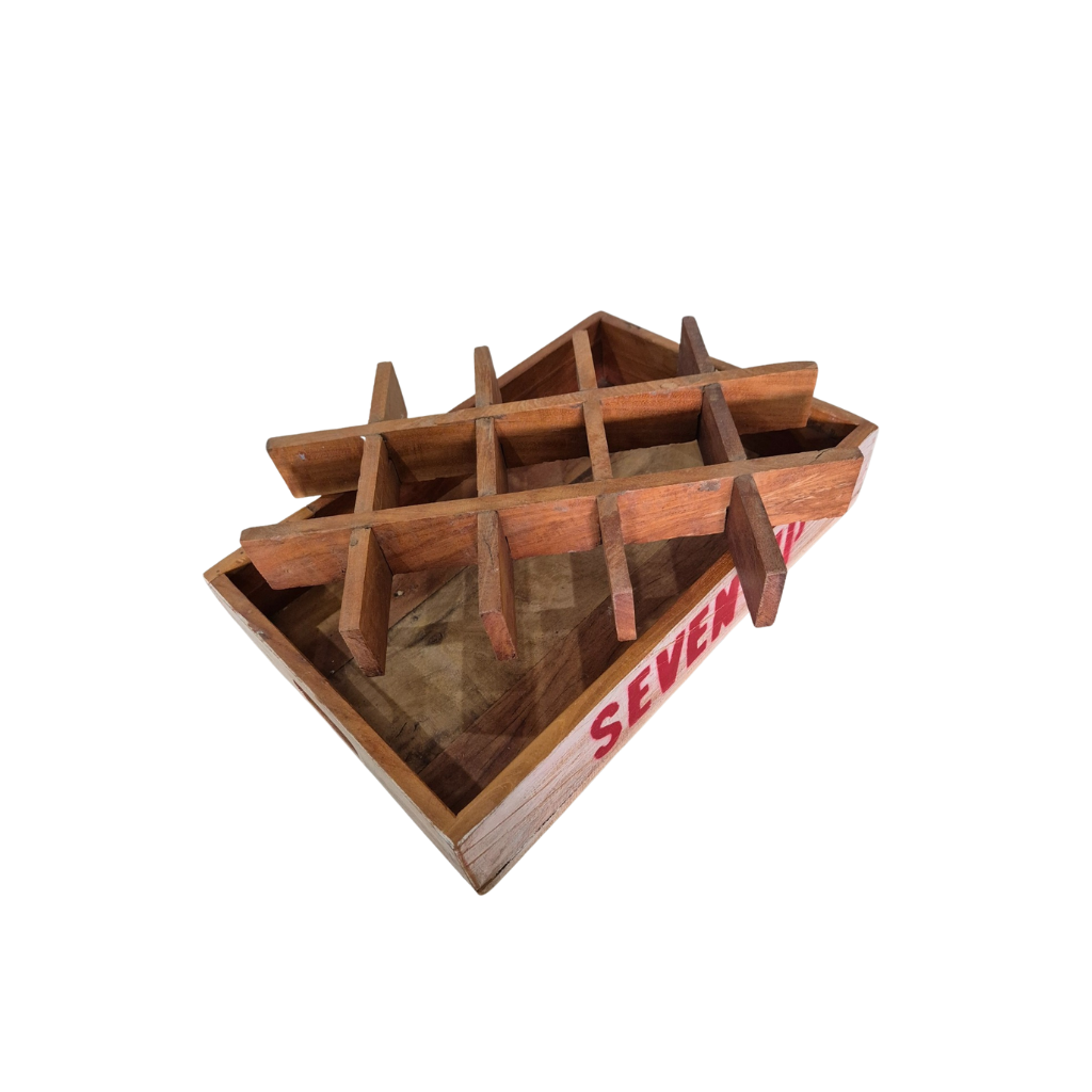 Wooden bottle tray with multiple slots on a white background