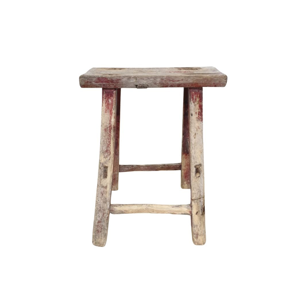 Antique Rustic Red Wooden Stool