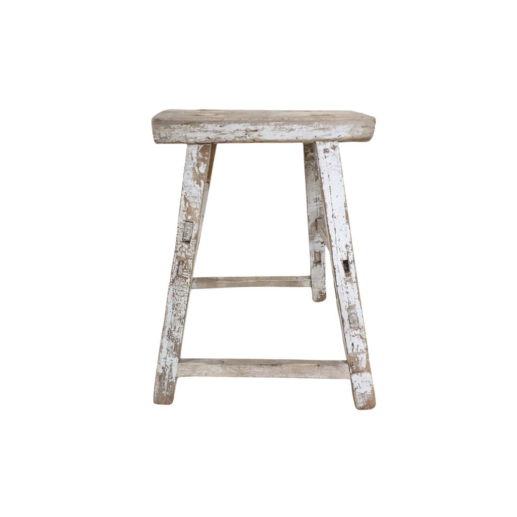 Antique Rustic White Wooden Stool