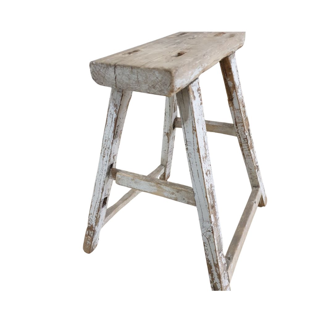 Antique Rustic White Wooden Stool
