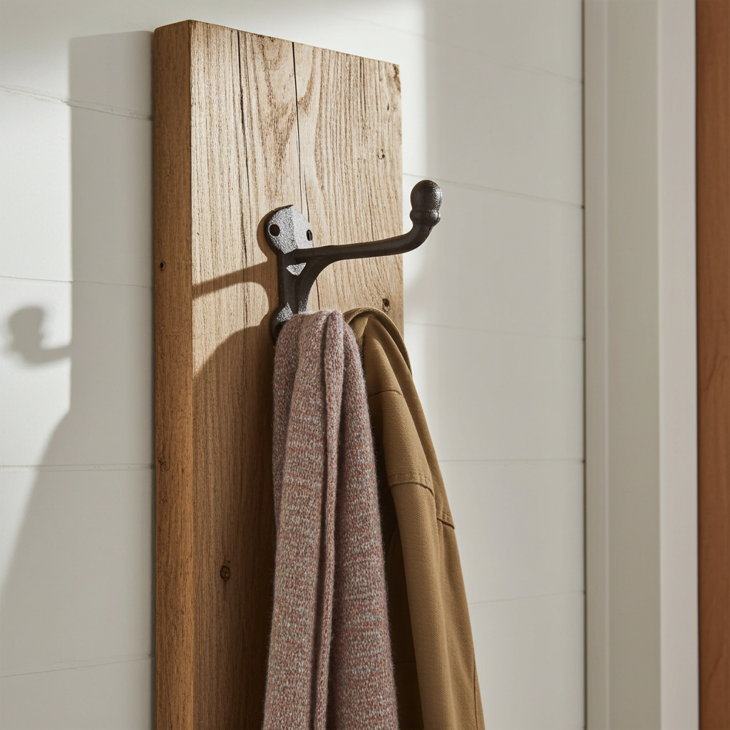 Wooden wall hook with a coat and towel hanging on it against a white wall.