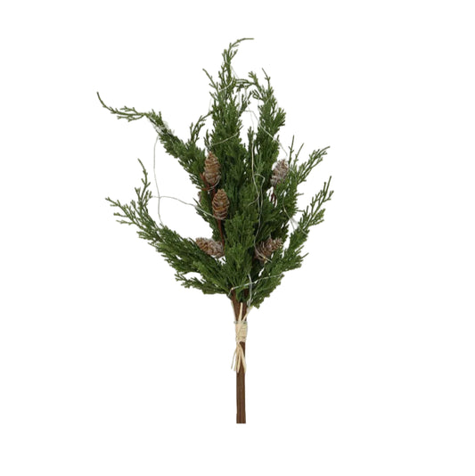 Bouquet of greenery with pine cones with small LED lights