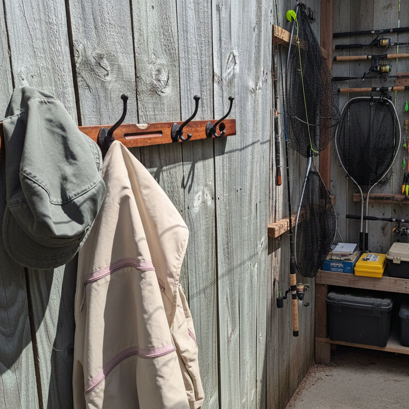Coats hanging on a wooden hook against a wooden wall with fishing equipment.