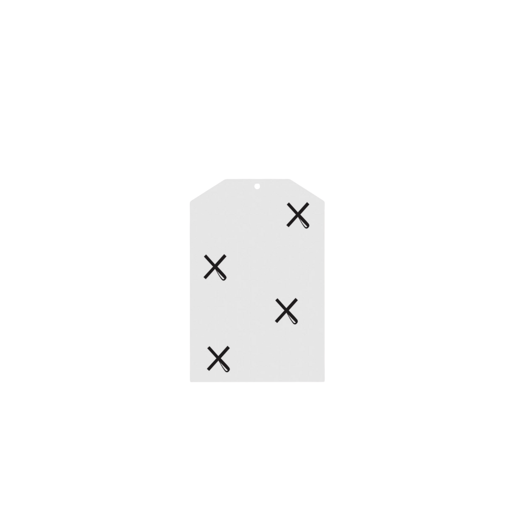 White rectangular tag with black 'X' marks on a white background