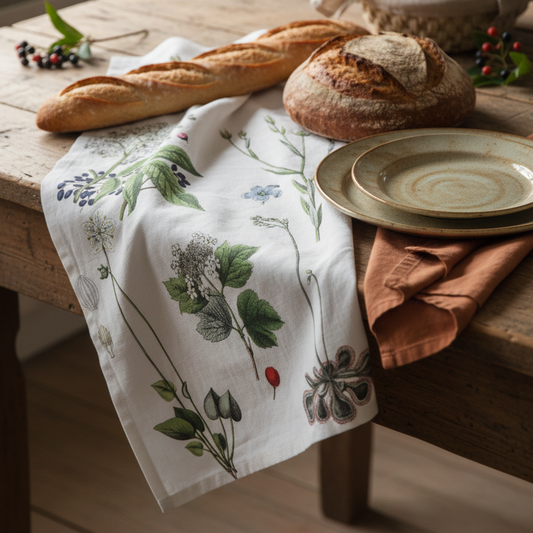 Illustration of various plants and flowers on a beige linen teatowel
