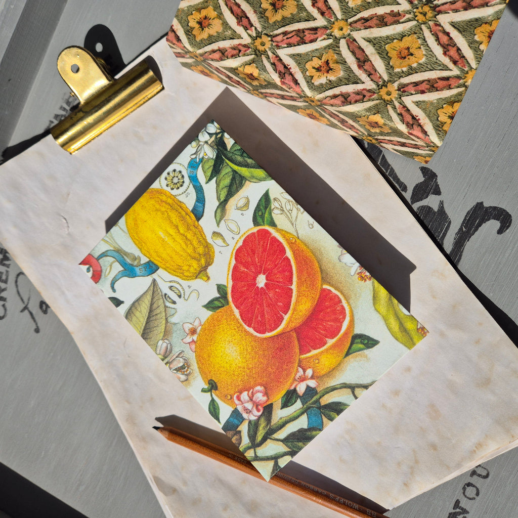 Notebook with a decorative cover featuring fruit illustrations on a table.