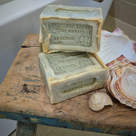 Le Serail Marseille Soap on wooden stool with shells