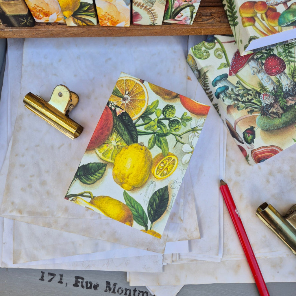 Decorative paper with fruit pattern, a gold clip, and a red pen on a textured surface.