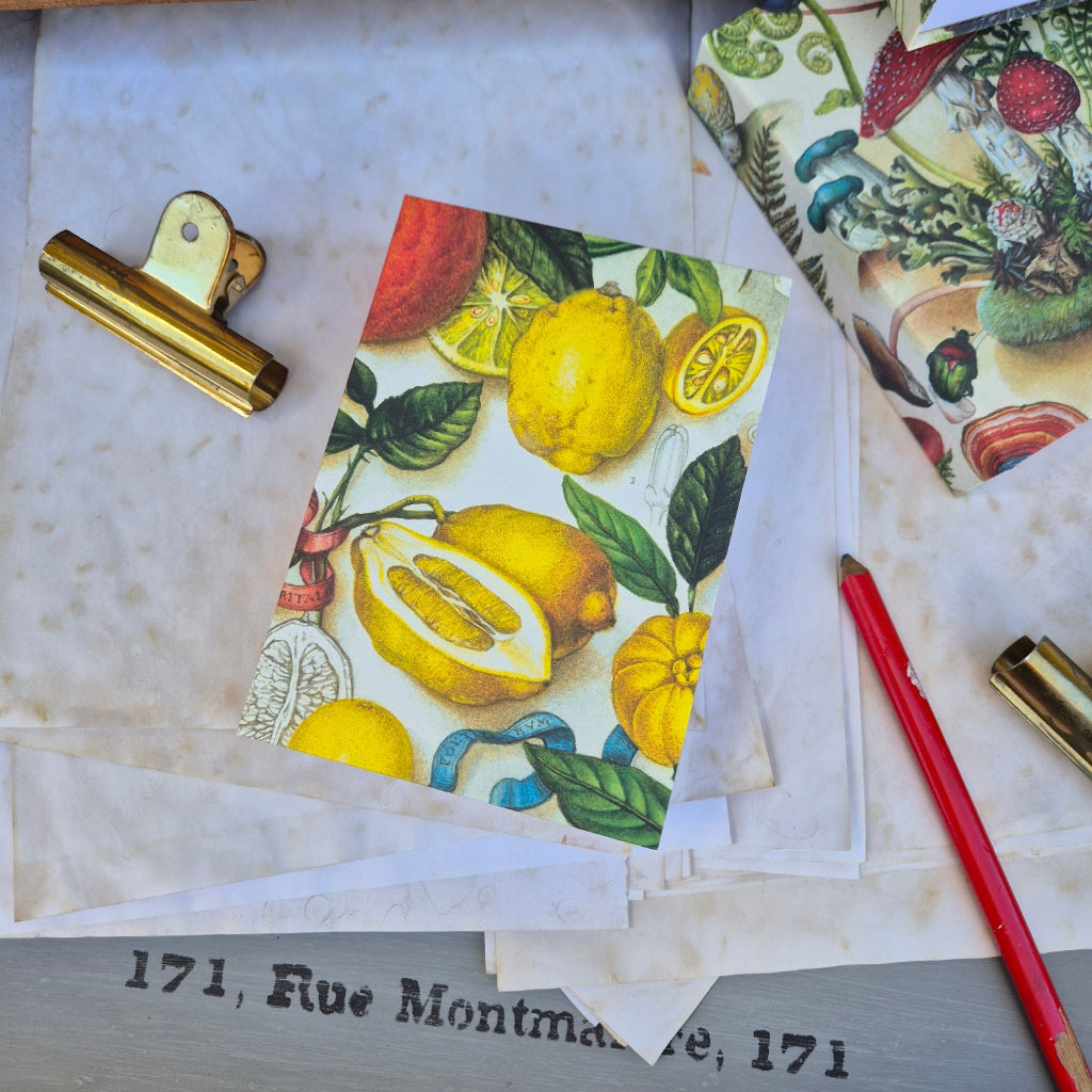 Decorative paper with lemon design on a textured surface with stationery items.