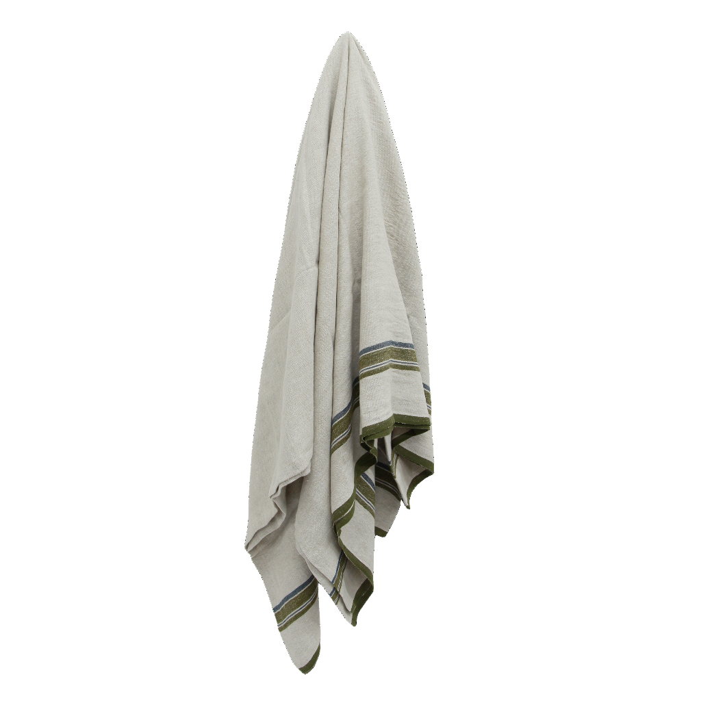 Striped towel with green and brown patterns on a white background
