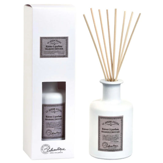 Lothantique White diffuser bottle with wooden sticks and packaging on a white background