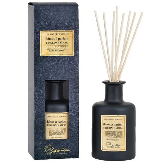 Black diffuser bottle with fragrance sticks and packaging on a white background