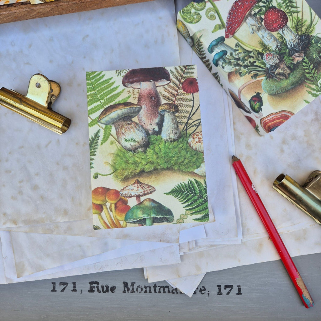 Stationery items including a card with nature-themed design, a pencil, and a gold clip on a textured surface.