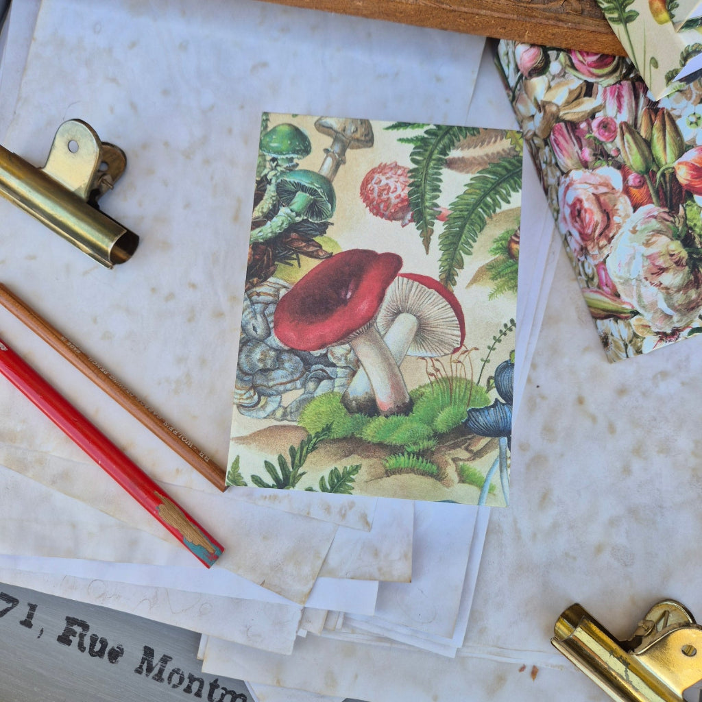 Vintage-style card with mushrooms and plants on a marble surface with stationery items.