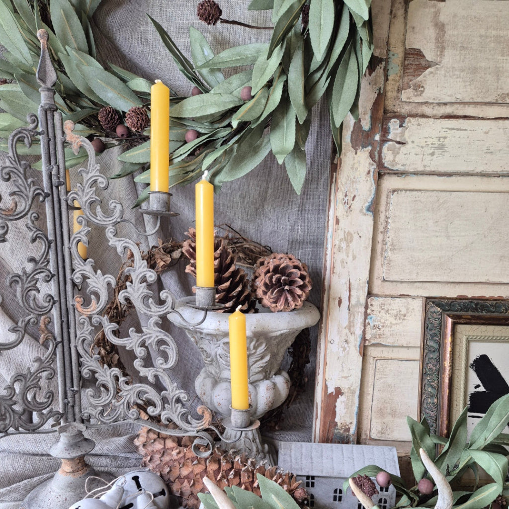 Short Household beeswax Candle in a Christmas setting