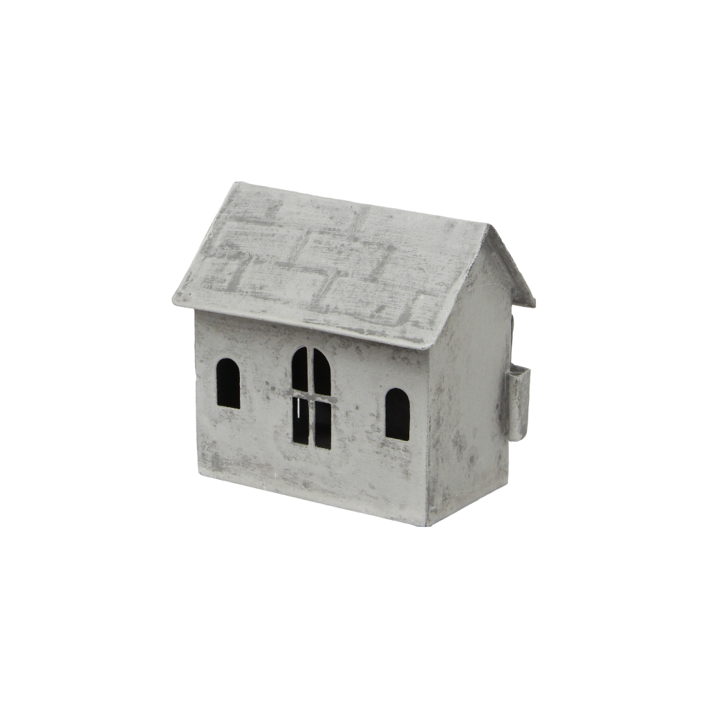 Small Zinc Tealight house with a gray roof on a white background
