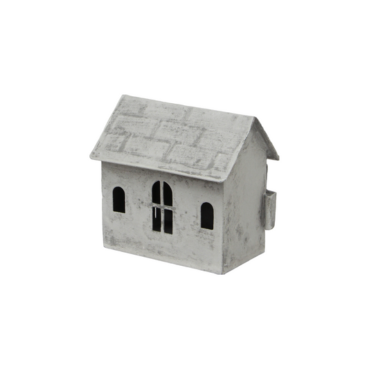 Small Zinc Tealight house with a gray roof on a white background