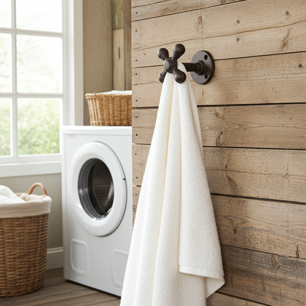 White towel hanging on a decorative hook in a laundry room with a washing machine and baskets.