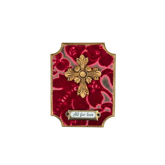 Decorative wall plaque with red floral design and gold cross, labeled 'All for love' on a white background.