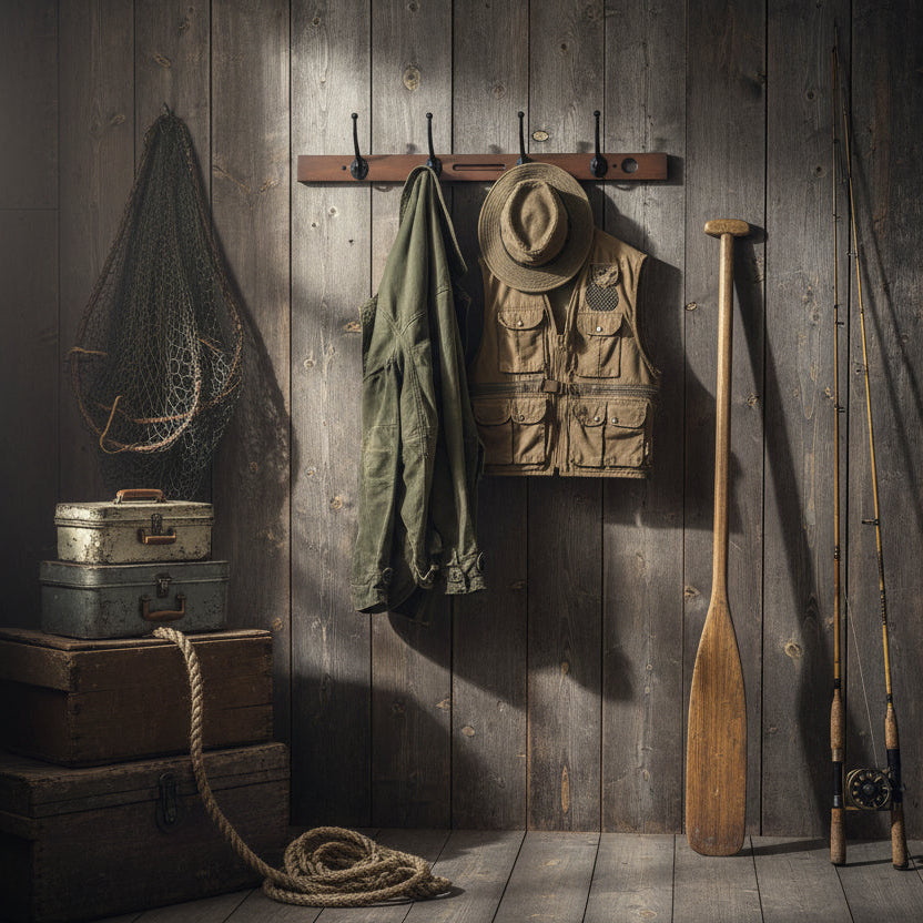 Vintage fishing gear including a hat, jacket, and oars against a wooden wall.