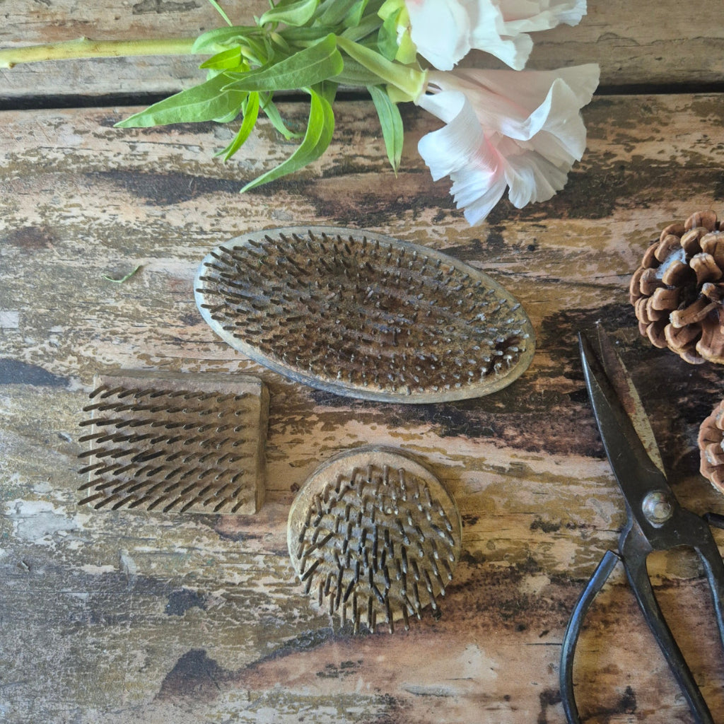 3 Frog Pins on a wooden surface with flowers and pine cones.