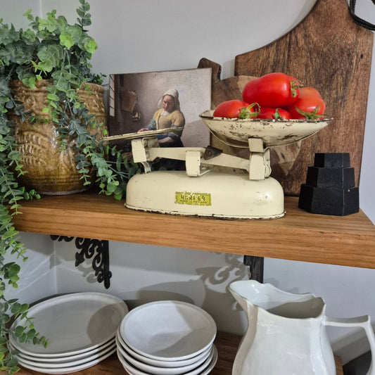 Vintage scale on a wooden shelf with tomatoes, a photo, and plants.
