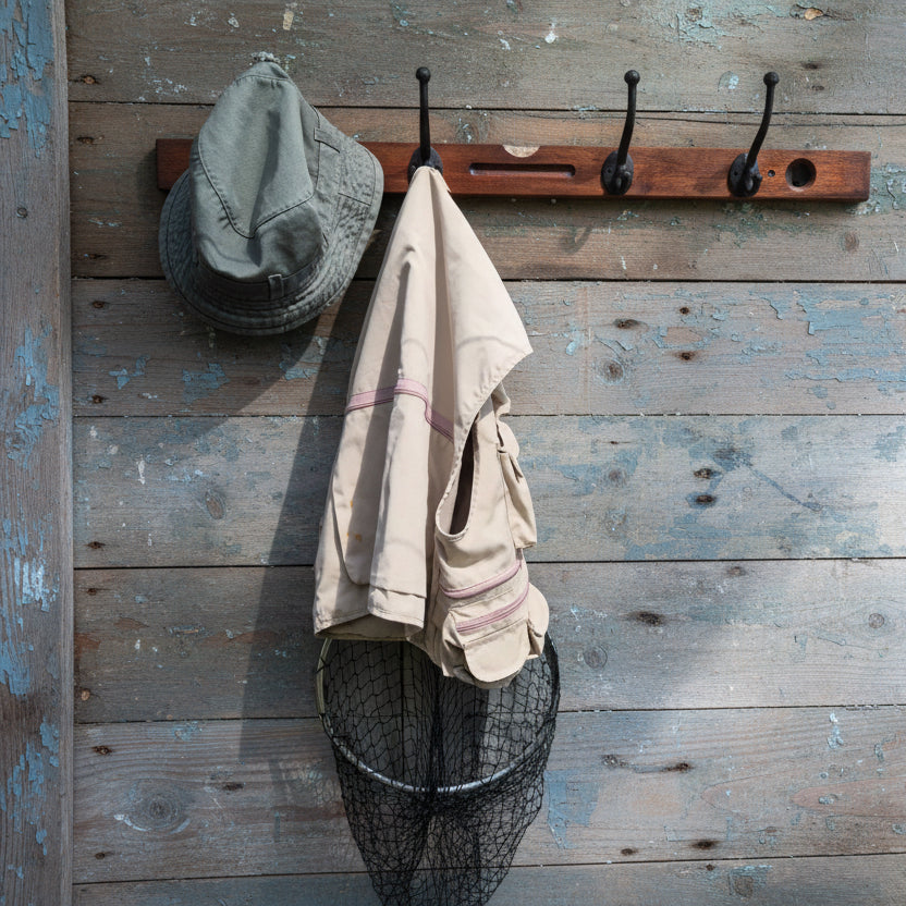 Wooden coat rack with hooks on a rustic wooden wall, holding a cap and jacket.