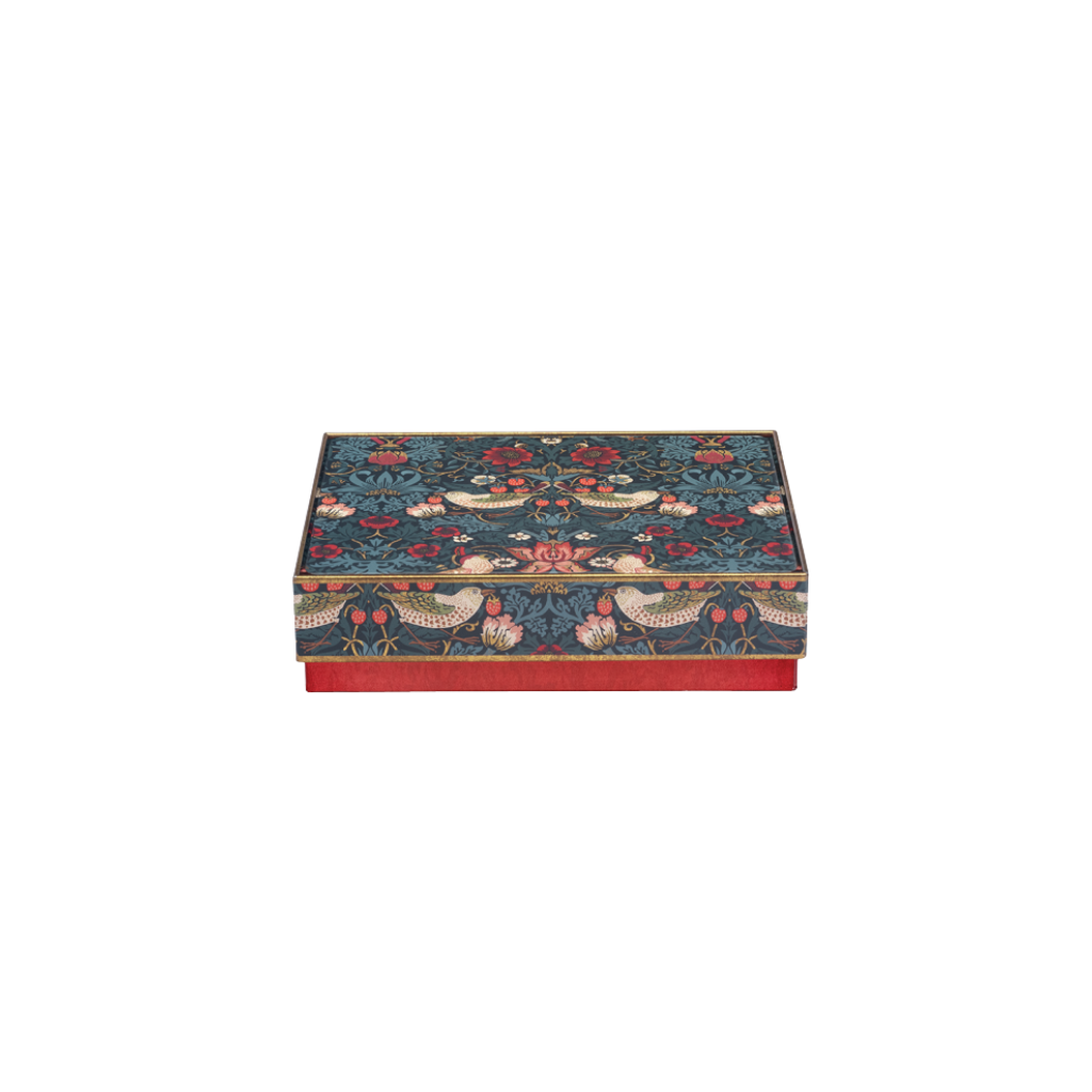 Decorative William Morris tin box with a floral pattern on a white background